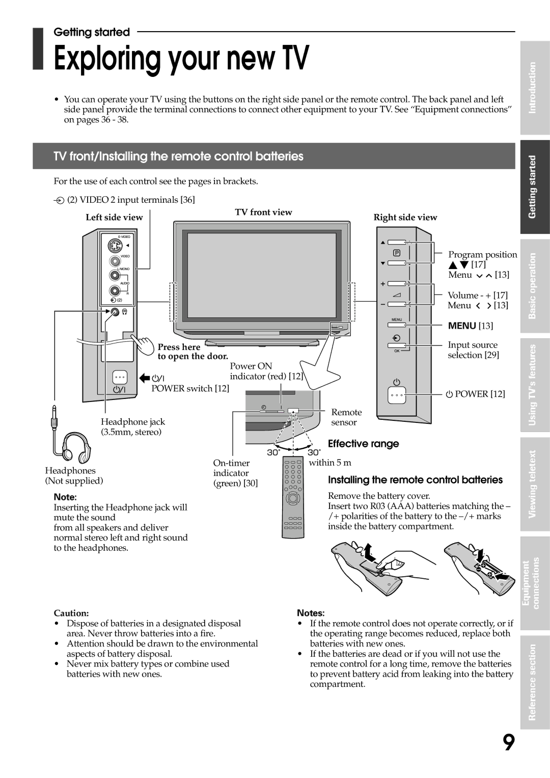 Toshiba 42WP56T, 42WP56E, 42WP56A Exploring your new TV, Effective range, Installing the remote control batteries 