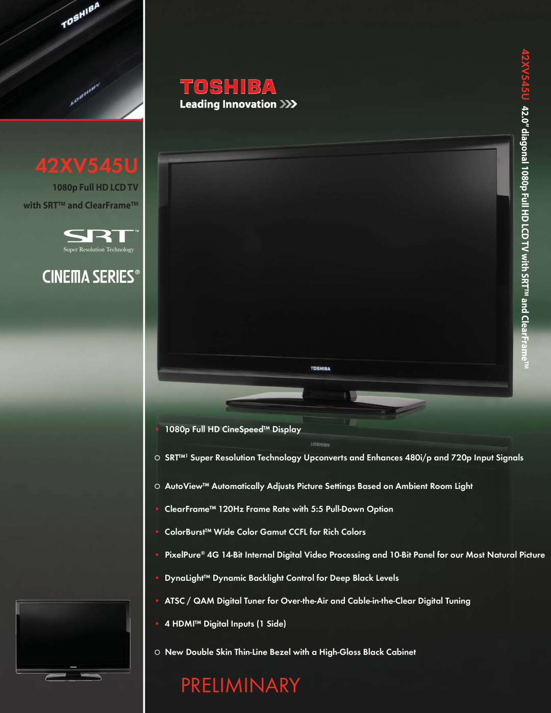 Toshiba 42XV545U manual Preliminary, 1080p Full HD LCD TV, with SRT and ClearFrame 