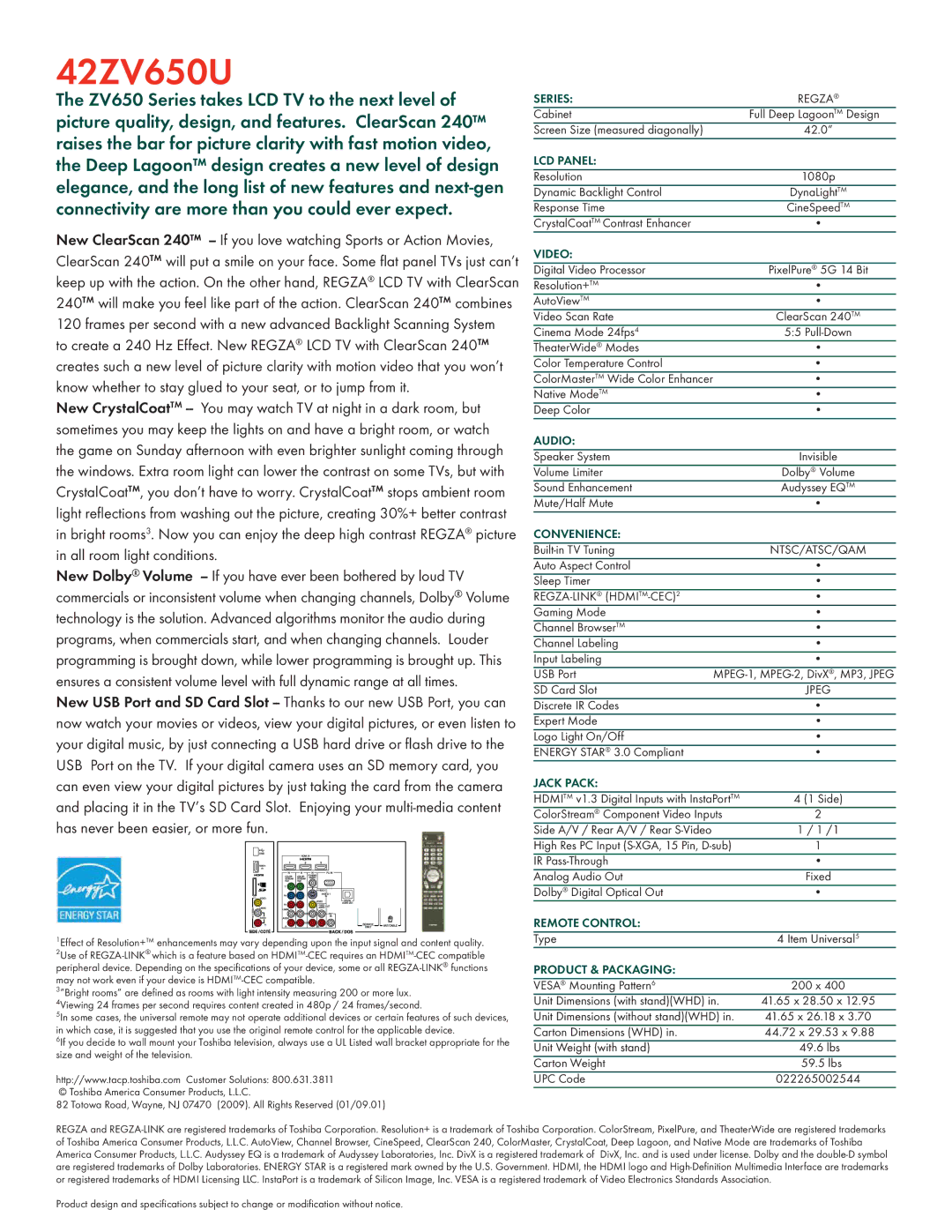 Toshiba 42ZV650U manual Series, LCD Panel, Video, Audio, Convenience, Jack Pack, Remote Control, Product & Packaging 