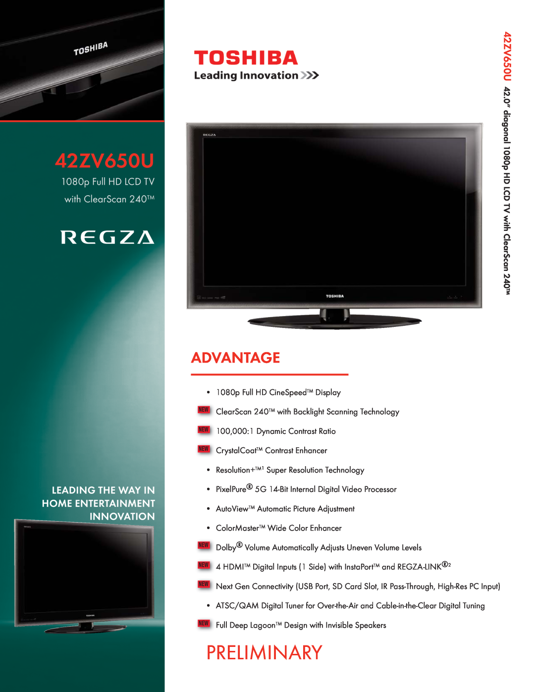 Toshiba 42ZV650U manual Preliminary, Advantage, 1080p Full HD LCD TV with ClearScan 