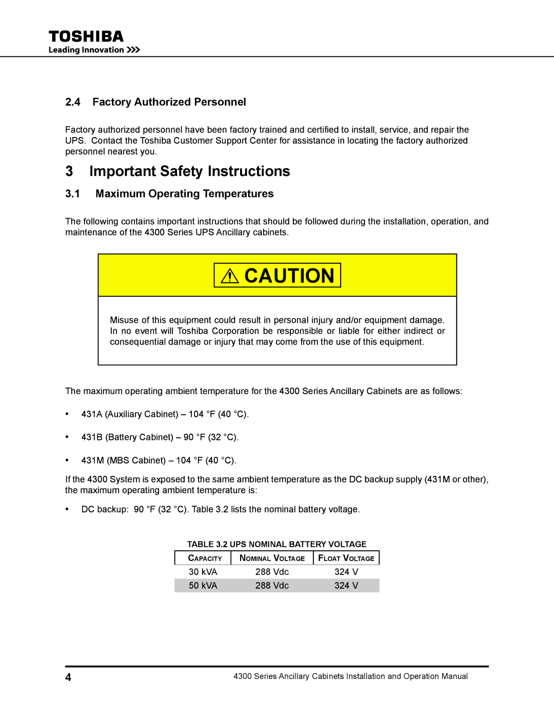 Toshiba 431A operation manual Important Safety Instructions, Factory Authorized Personnel, Maximum Operating Temperatures 