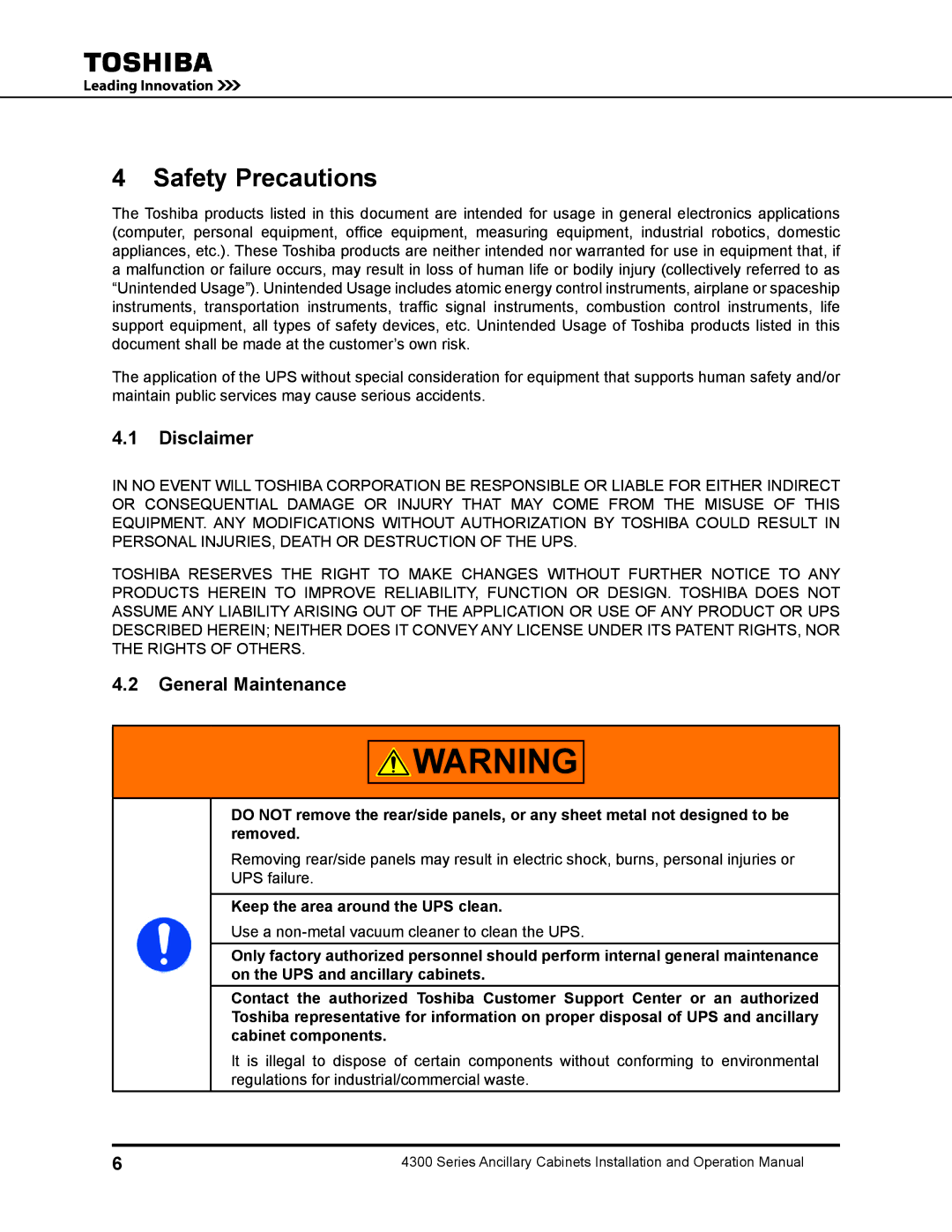 Toshiba 431A operation manual Safety Precautions, Disclaimer, General Maintenance, Keep the area around the UPS clean 