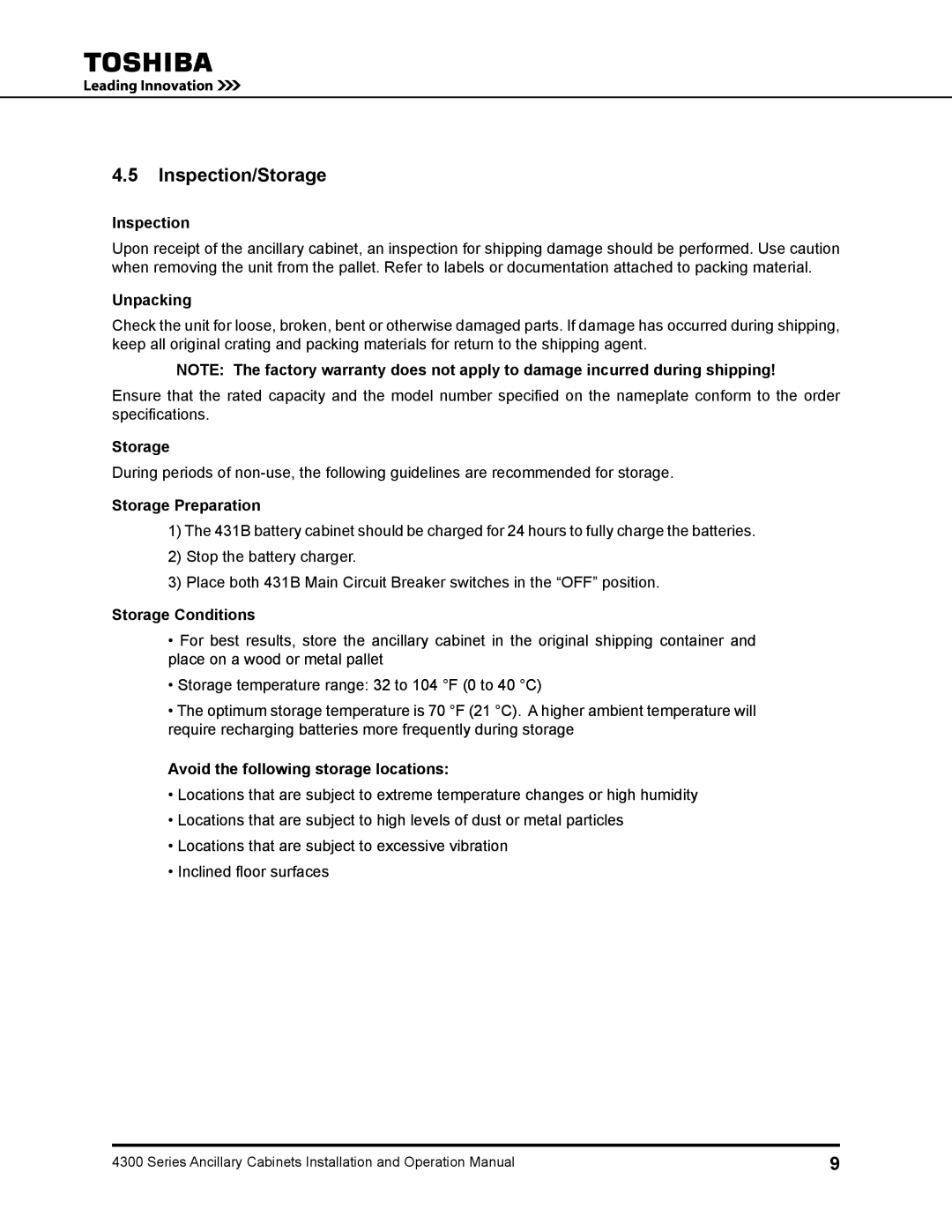 Toshiba 431A operation manual Inspection/Storage 