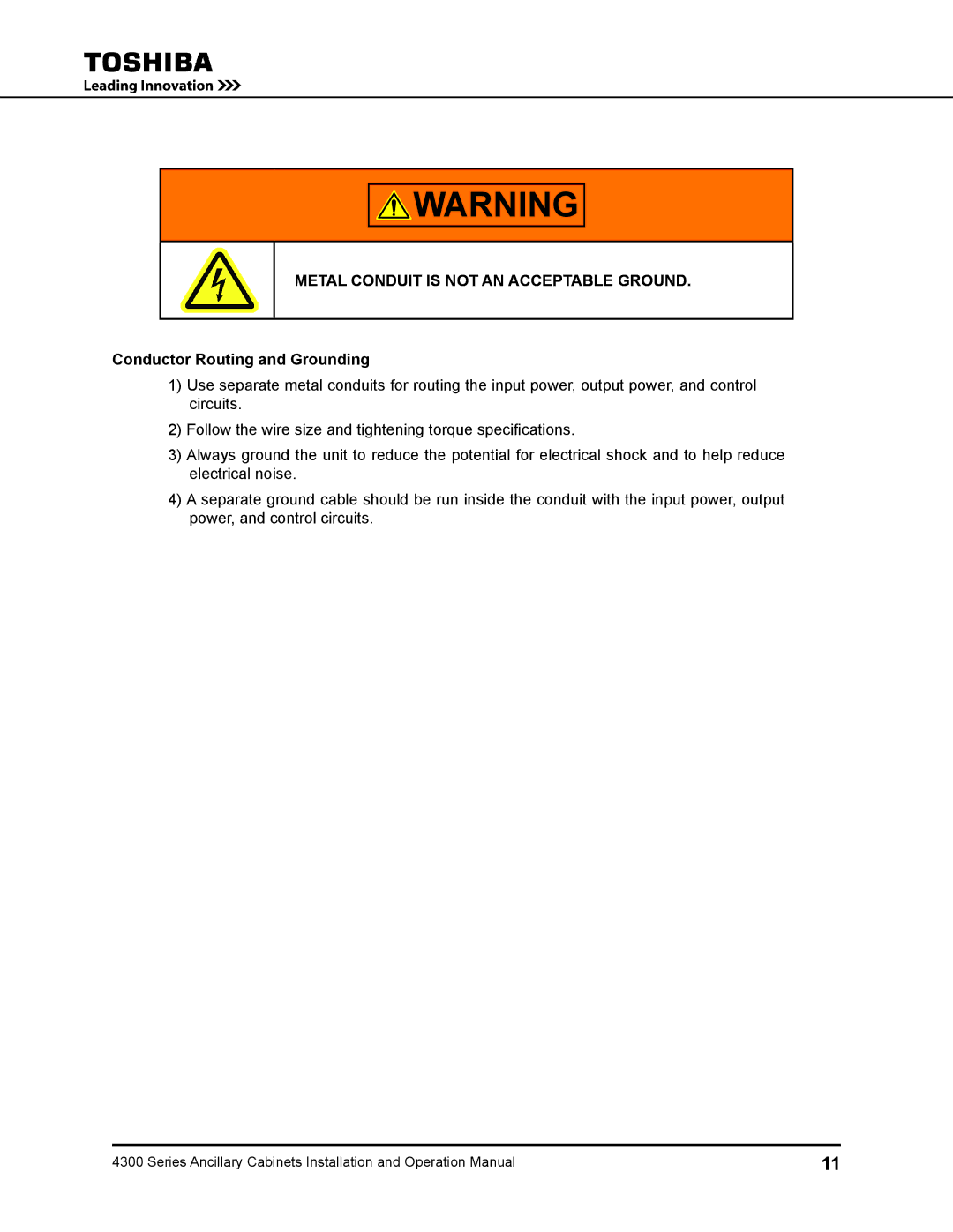 Toshiba 431A operation manual Metal Conduit is not AN Acceptable Ground, Conductor Routing and Grounding 