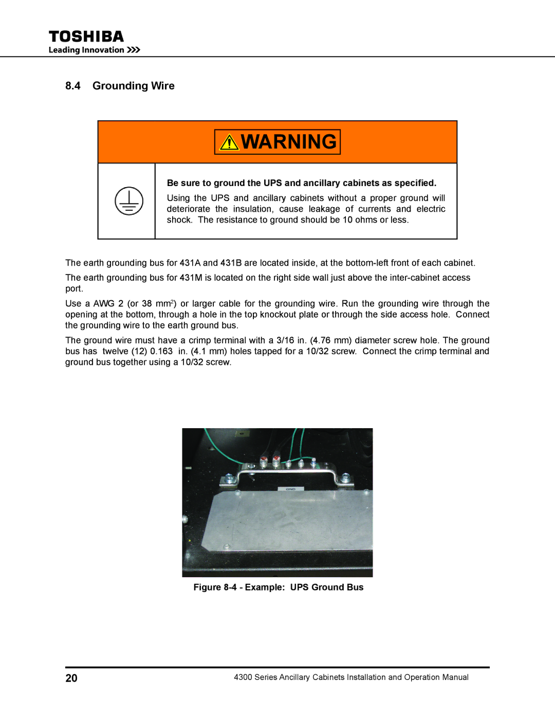 Toshiba 431A operation manual Grounding Wire, Example UPS Ground Bus 