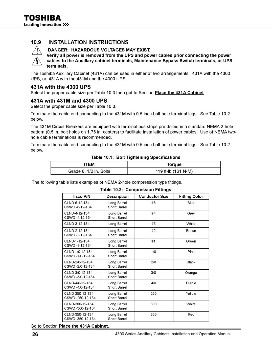 Toshiba operation manual 431A with the 4300 UPS, 431A with 431M and 4300 UPS, Bolt Tightening Specifications Torque 