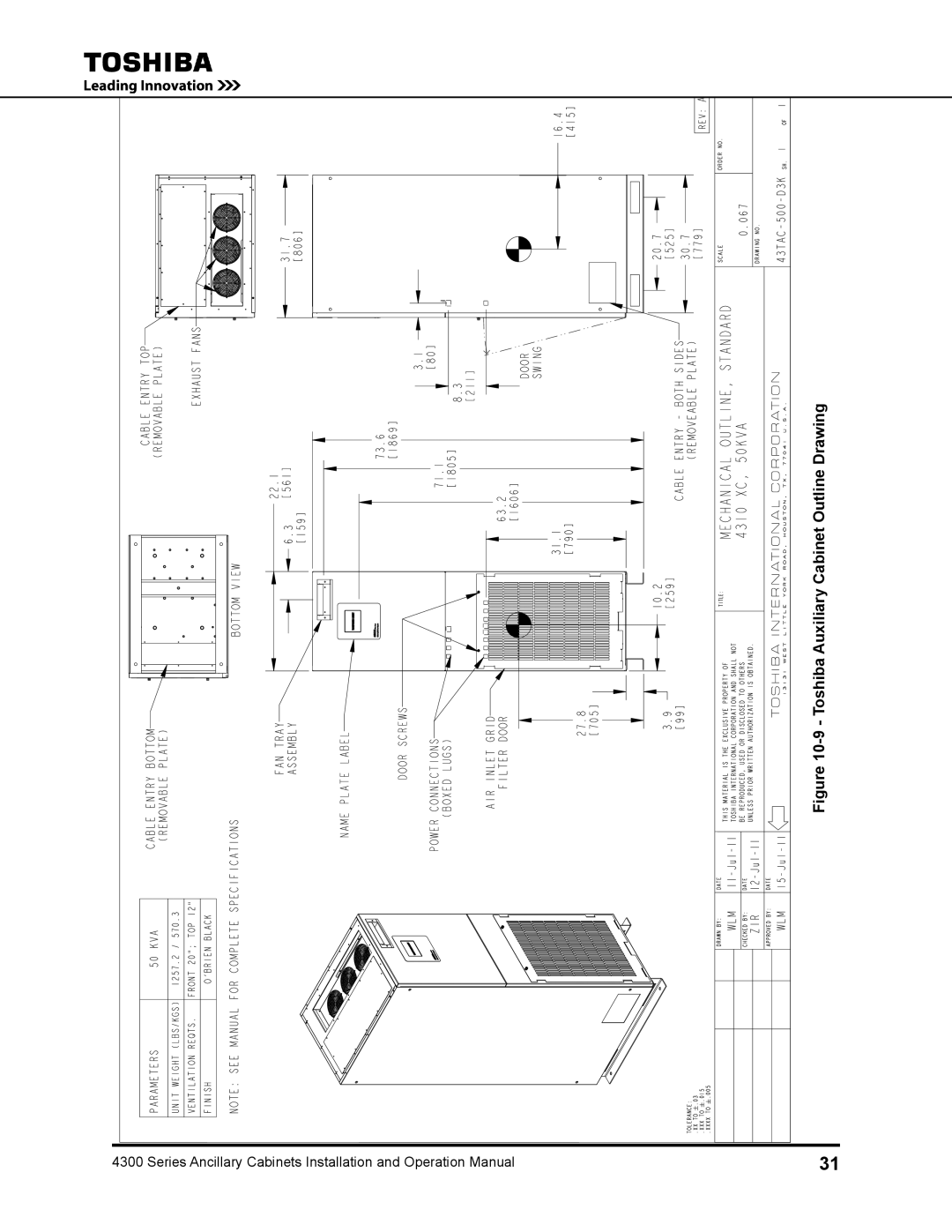 Toshiba 431A operation manual Toshiba Auxiliary Cabinet Outline Drawing 