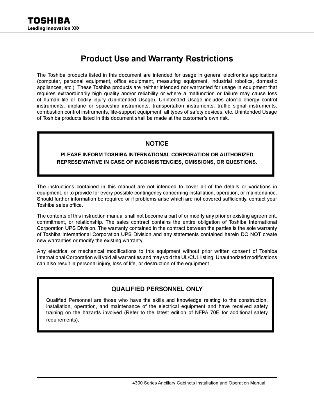 Toshiba 431A operation manual Product Use and Warranty Restrictions, Qualified Personnel only 