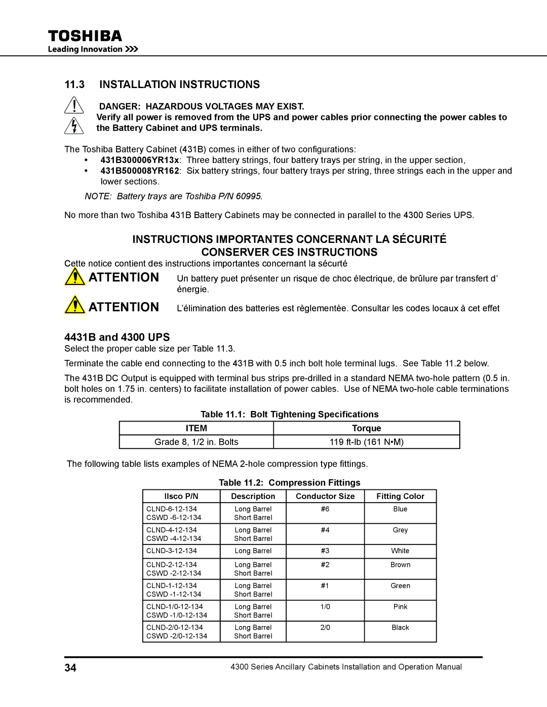 Toshiba 431A operation manual 4431B and 4300 UPS, Bolt Tightening Specifications Torque 