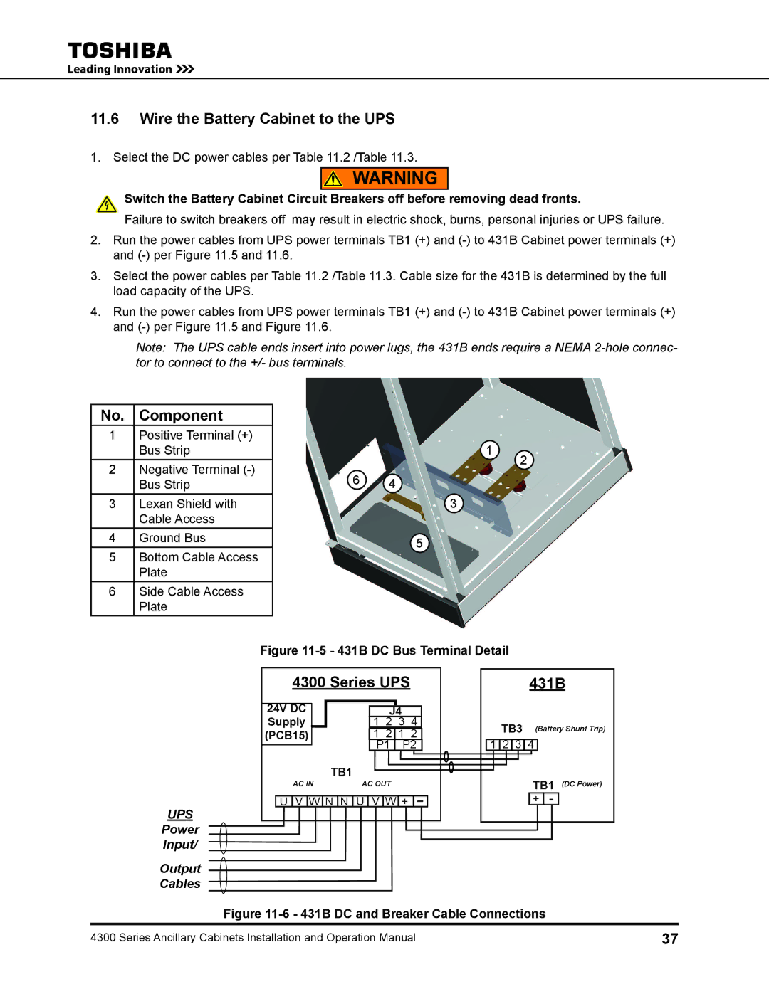 Toshiba 431A operation manual Wire the Battery Cabinet to the UPS, Component, Series UPS 431B 