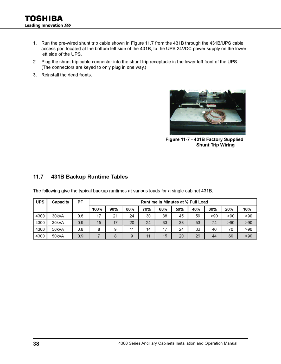 Toshiba 431A operation manual 11.7 431B Backup Runtime Tables, 431B Factory Supplied Shunt Trip Wiring 