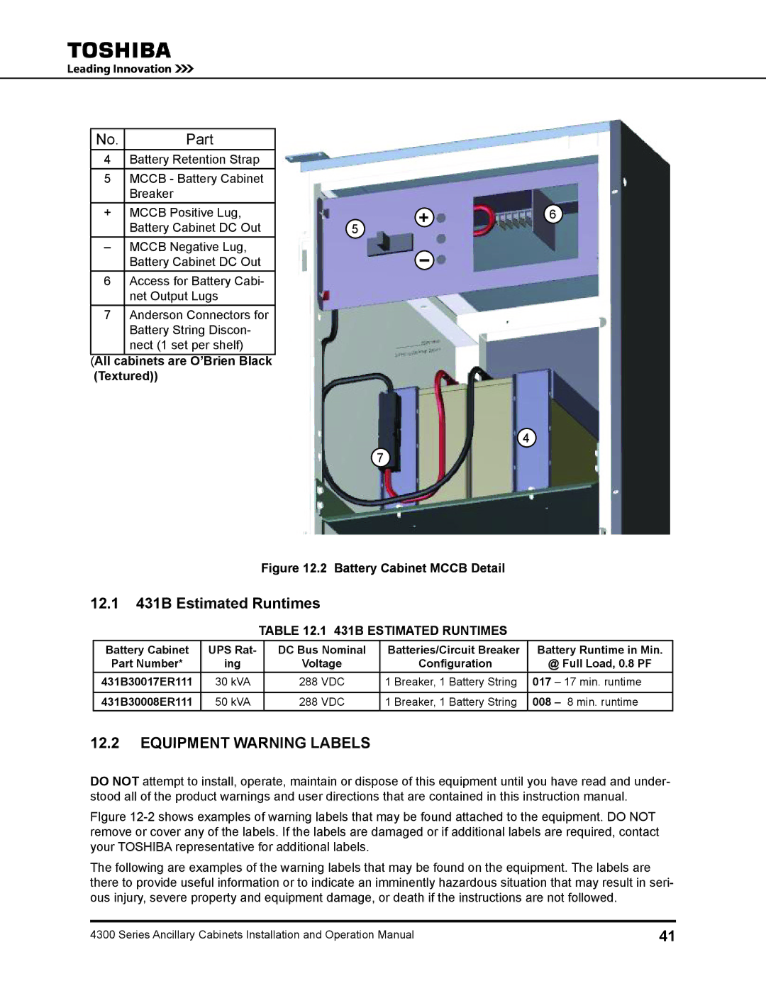 Toshiba 431A operation manual 12.1 431B Estimated Runtimes, Battery Cabinet Mccb Detail 