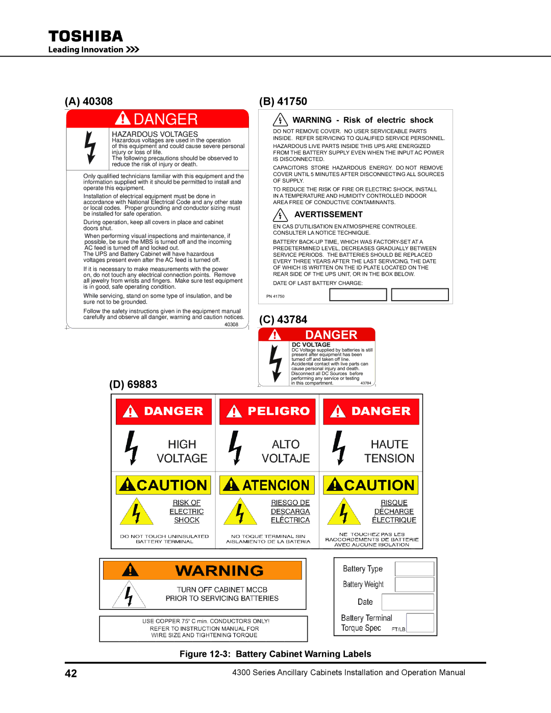 Toshiba 431A operation manual 69883 41750, Battery Cabinet Warning Labels 