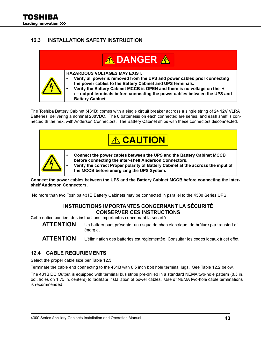 Toshiba 431A operation manual Installation Safety Instruction 