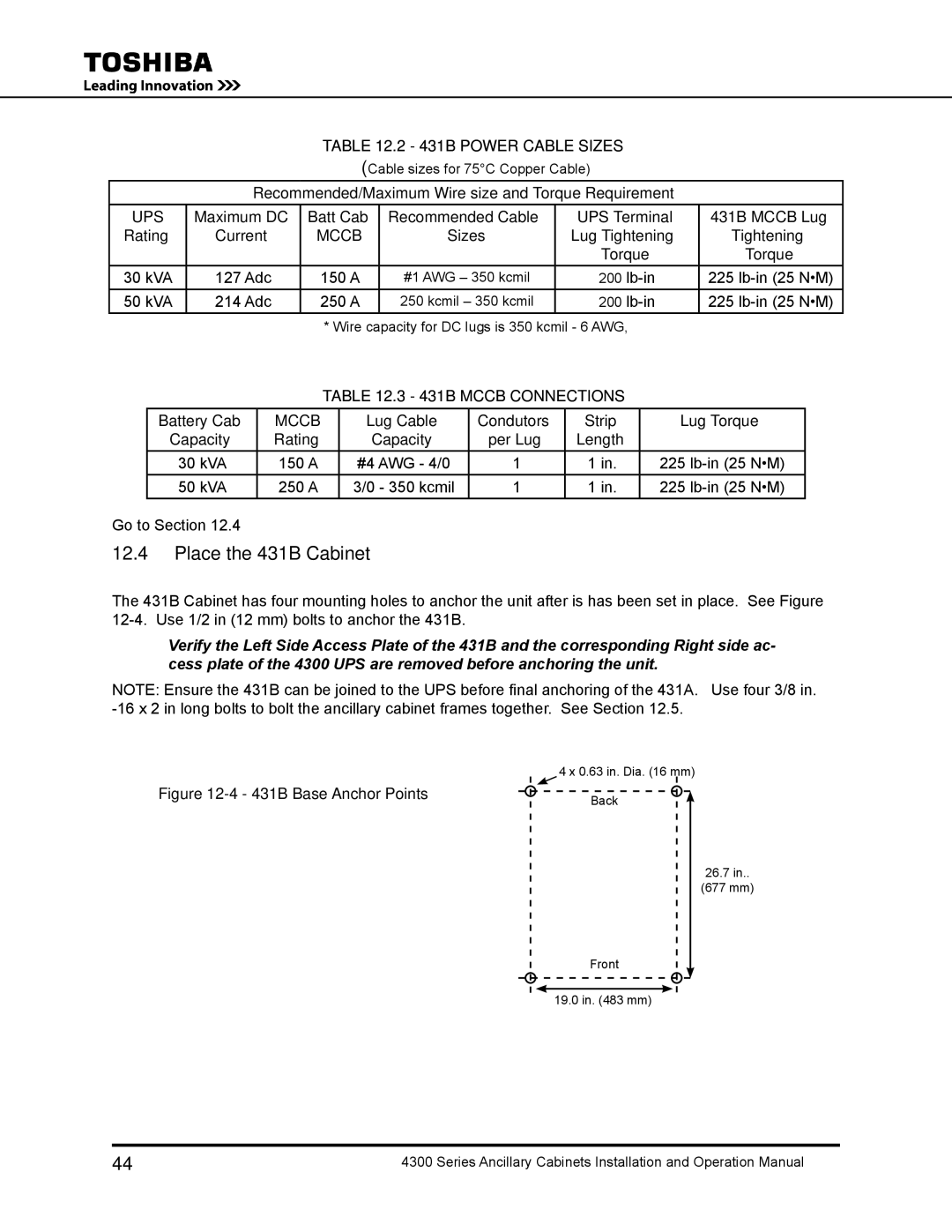 Toshiba 431A Recommended/Maximum Wire size and Torque Requirement, Sizes Lug Tightening Torque, Adc 150 a, Adc 250 a 