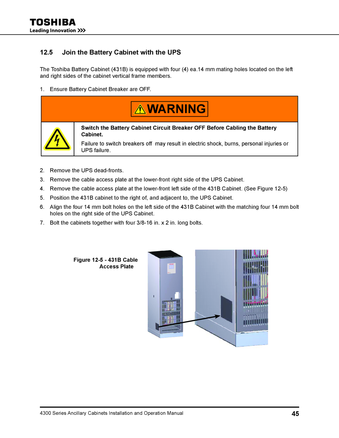 Toshiba 431A operation manual Join the Battery Cabinet with the UPS 