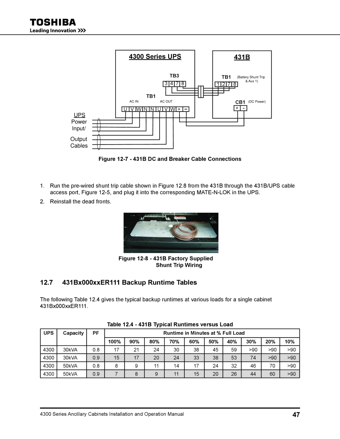 Toshiba 431A operation manual 12.7 431Bx000xxER111 Backup Runtime Tables, 431B Typical Runtimes versus Load 