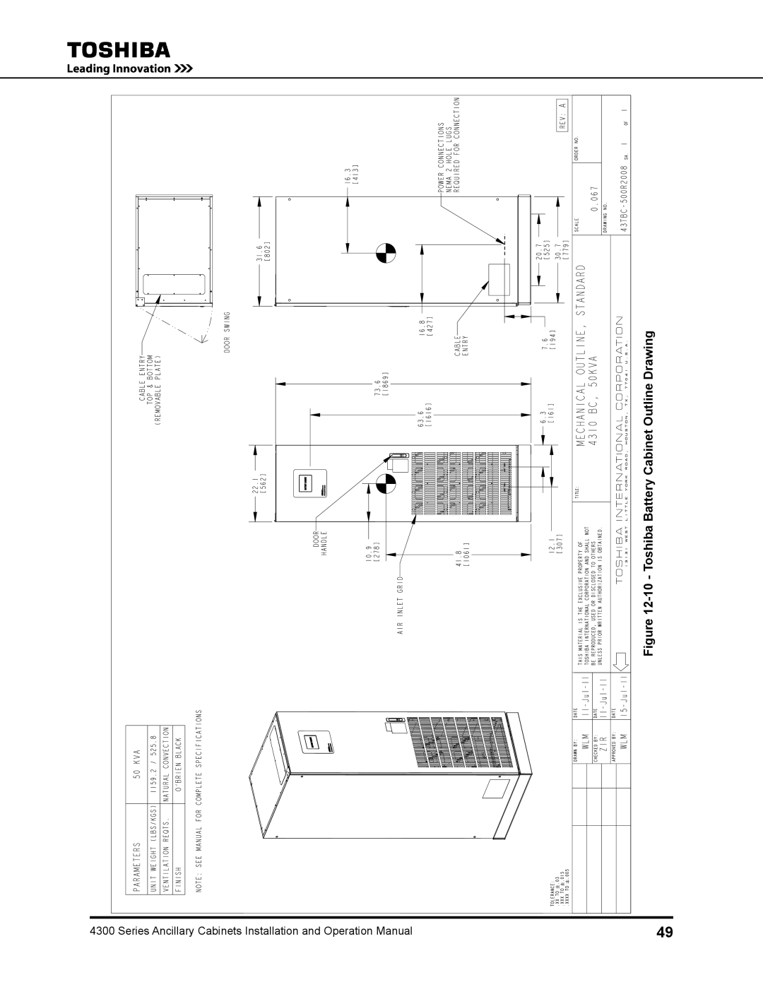 Toshiba 431A operation manual Toshiba Battery Cabinet Outline Drawing 