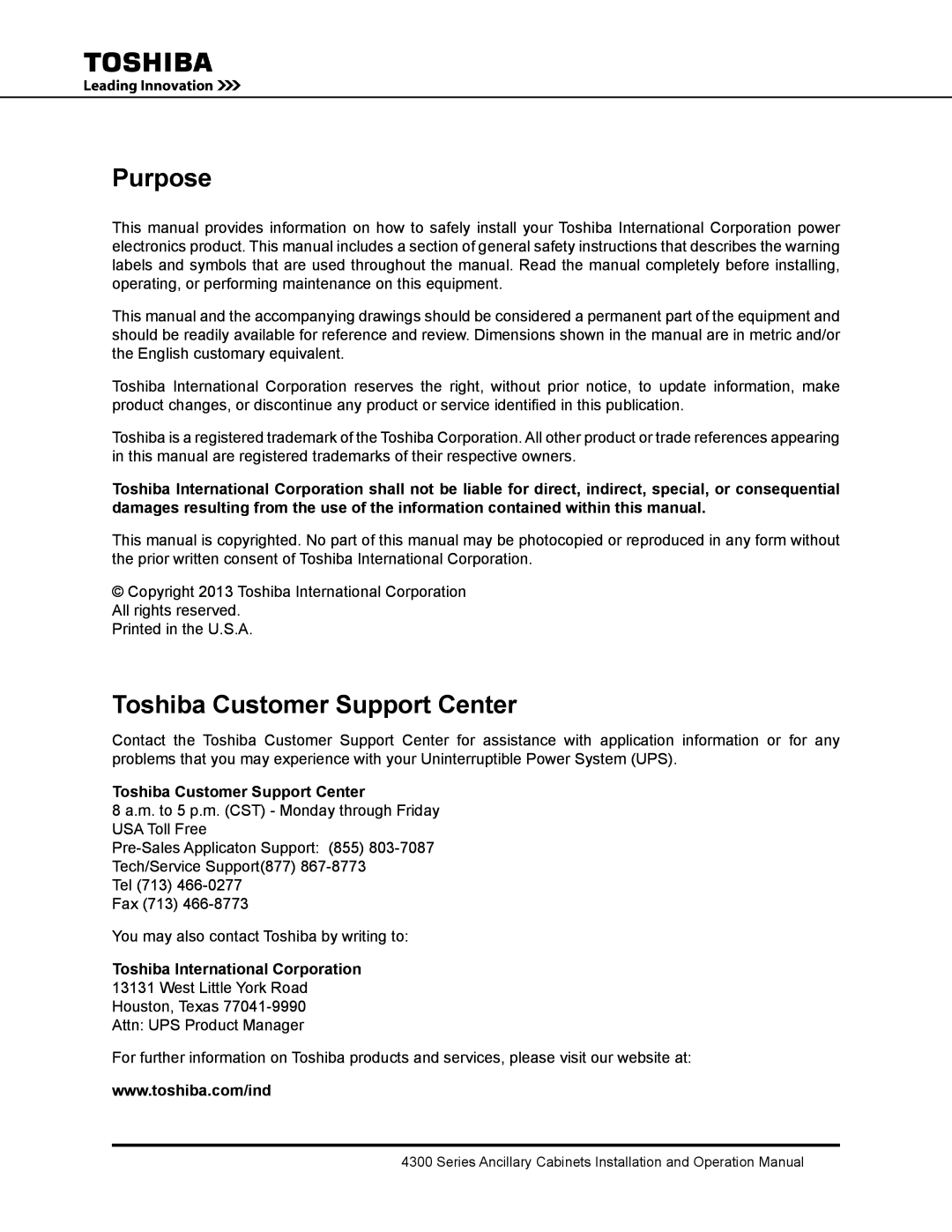 Toshiba 431A operation manual Purpose, Toshiba Customer Support Center, Toshiba International Corporation 