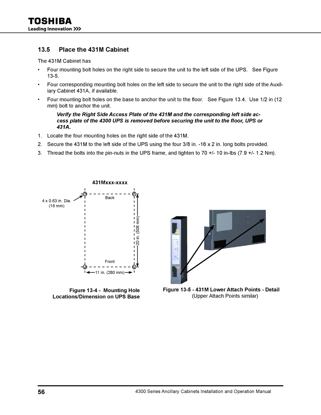 Toshiba 431A operation manual Place the 431M Cabinet, Locations/Dimension on UPS Base Upper Attach Points similar 