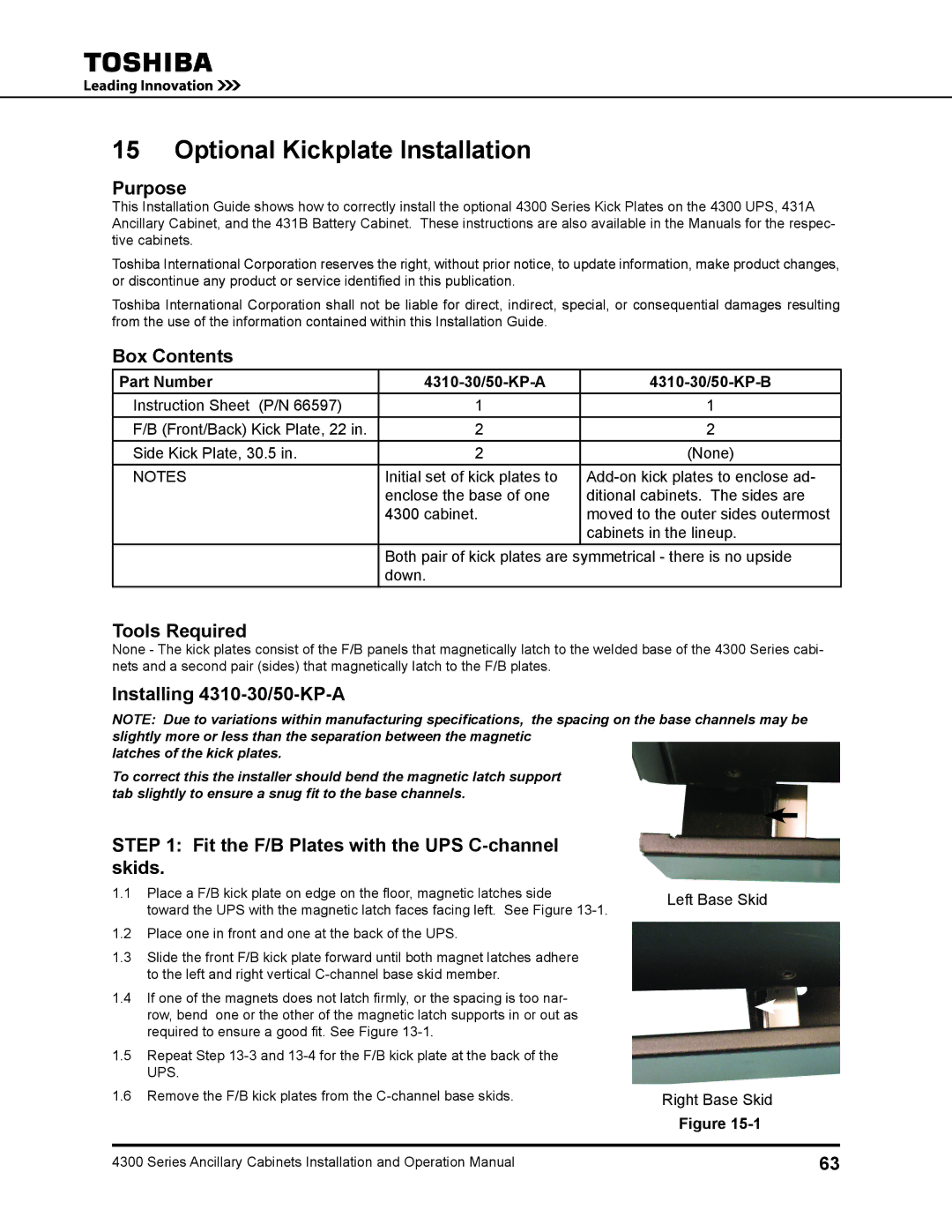 Toshiba 431A operation manual Optional Kickplate Installation, Box Contents, Tools Required, Installing 4310-30/50-KP-A 