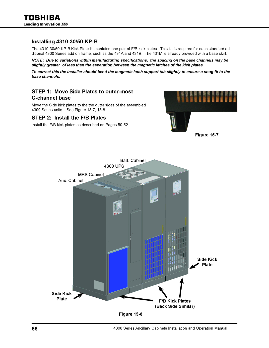 Toshiba 431A Installing 4310-30/50-KP-B, Move Side Plates to outer-most Channel base, Install the F/B Plates 