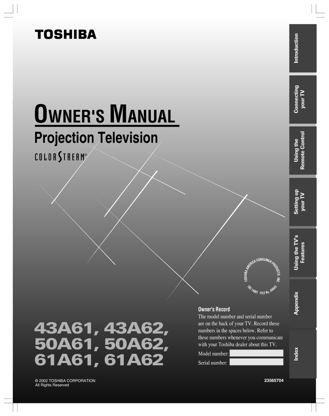 Toshiba 43A61 owner manual 50A61, 50A62 