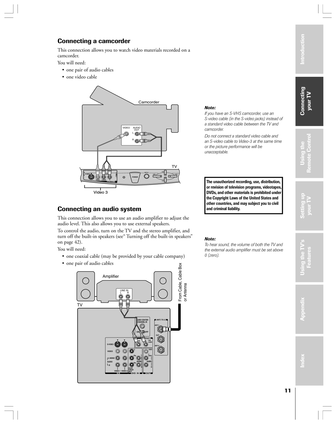 Toshiba 43A61 owner manual Connecting a camcorder, Connecting an audio system 