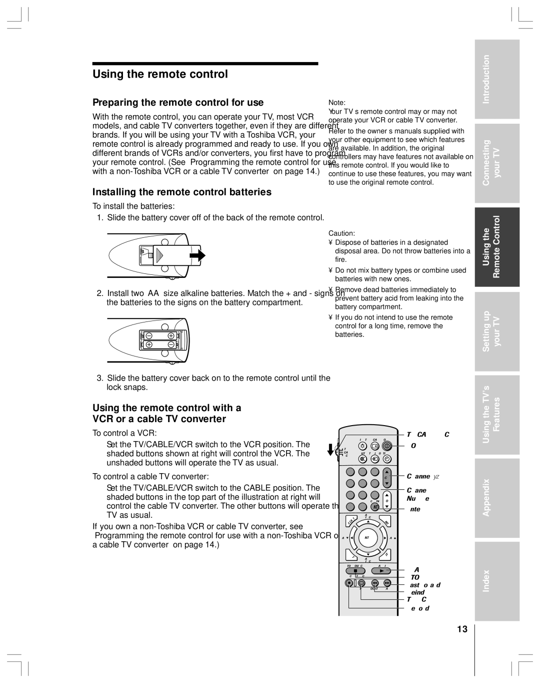 Toshiba 43A61 Using the remote control, Preparing the remote control for use, Installing the remote control batteries 