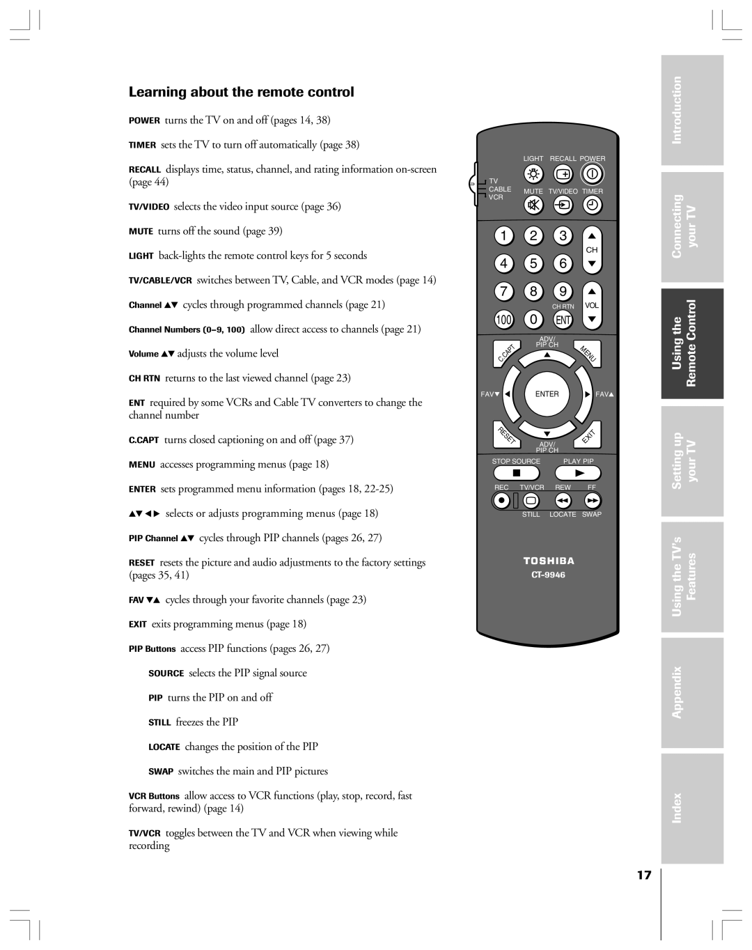 Toshiba 43A61 owner manual Learning about the remote control 