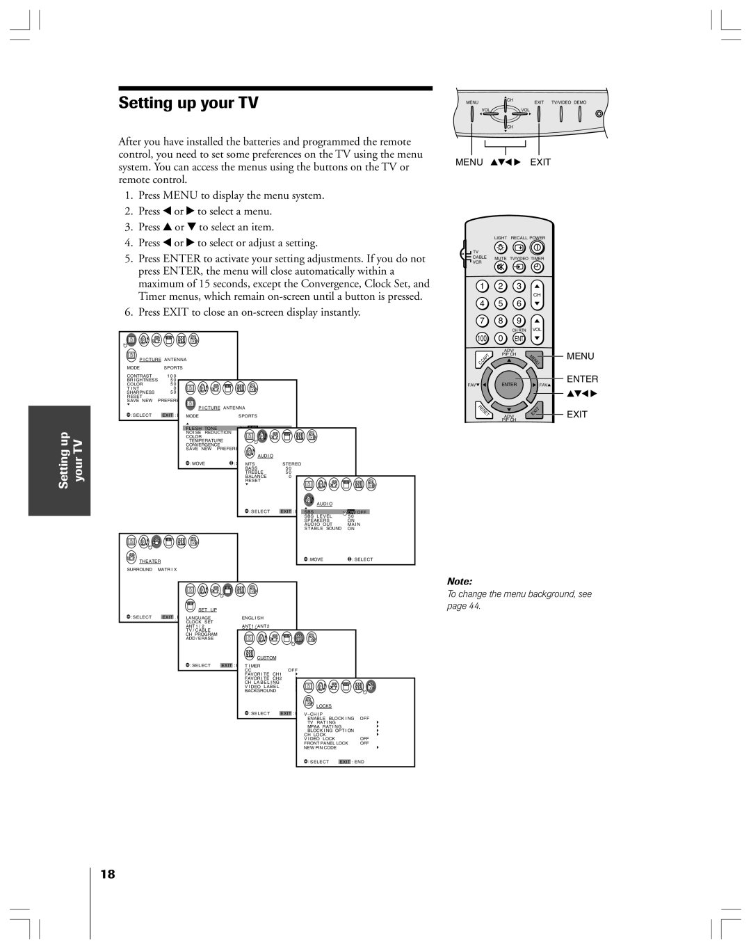 Toshiba 43A61 owner manual Setting up your TV, Press Exit to close an on-screen display instantly 