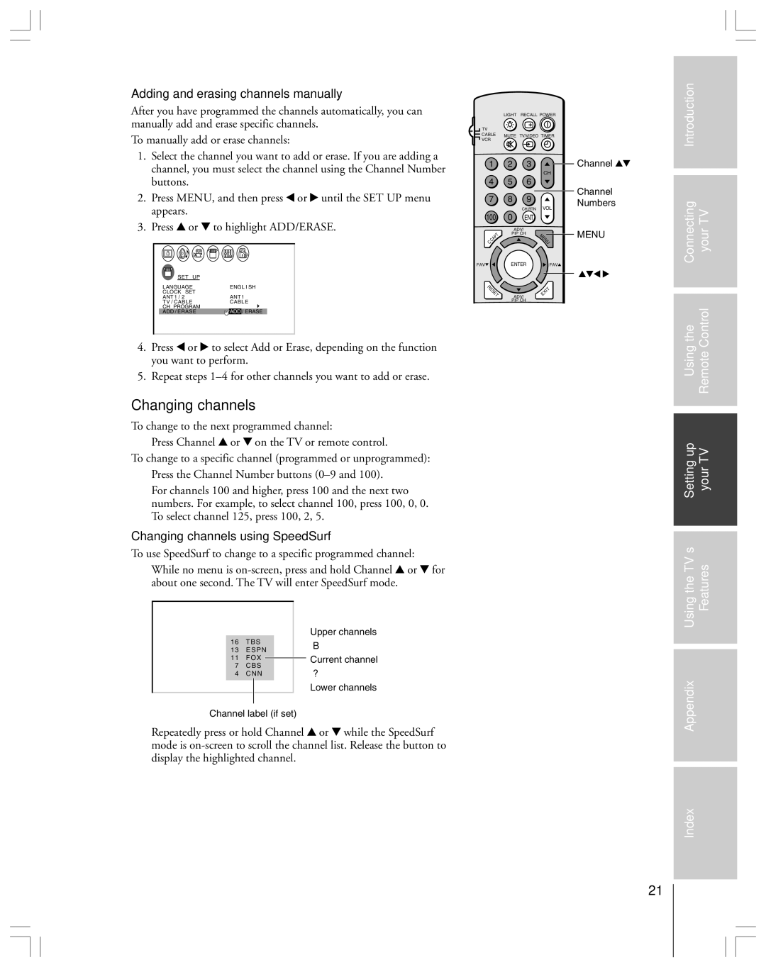 Toshiba 43A61 owner manual Adding and erasing channels manually, Changing channels using SpeedSurf 