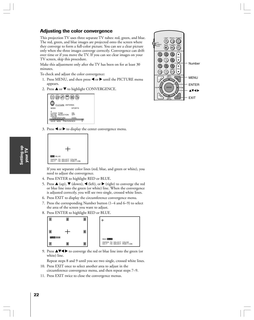 Toshiba 43A61 owner manual Adjusting the color convergence, Press x or to display the center convergence menu 