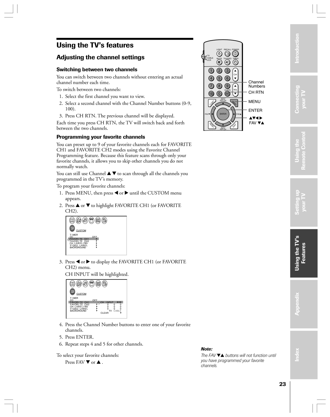 Toshiba 43A61 owner manual Using the TV’s features, Adjusting the channel settings, Switching between two channels 