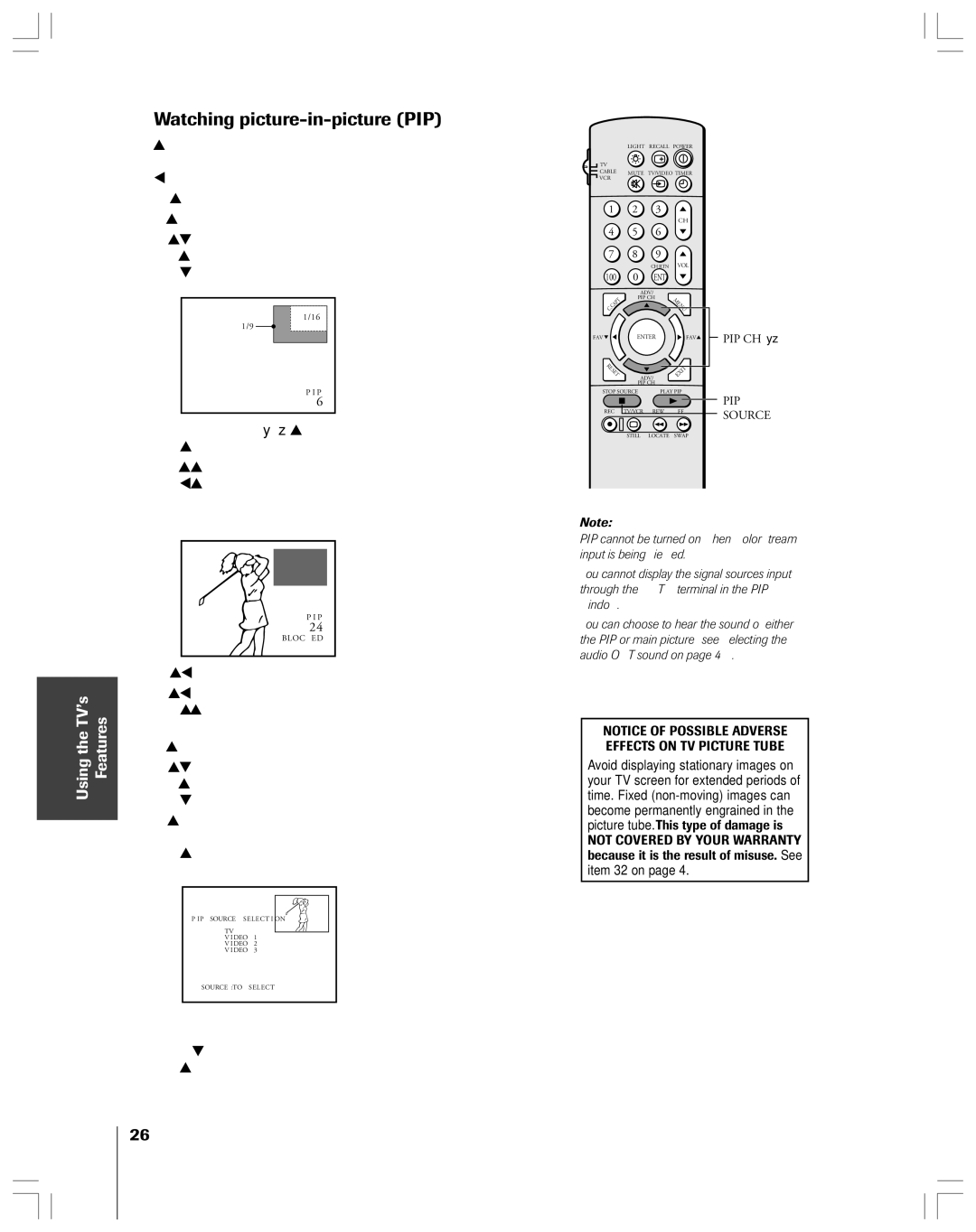 Toshiba 43A61 owner manual Watching picture-in-picture PIP, Into the program block mode. See ÒUsing the V-CHIP menuÓ on 