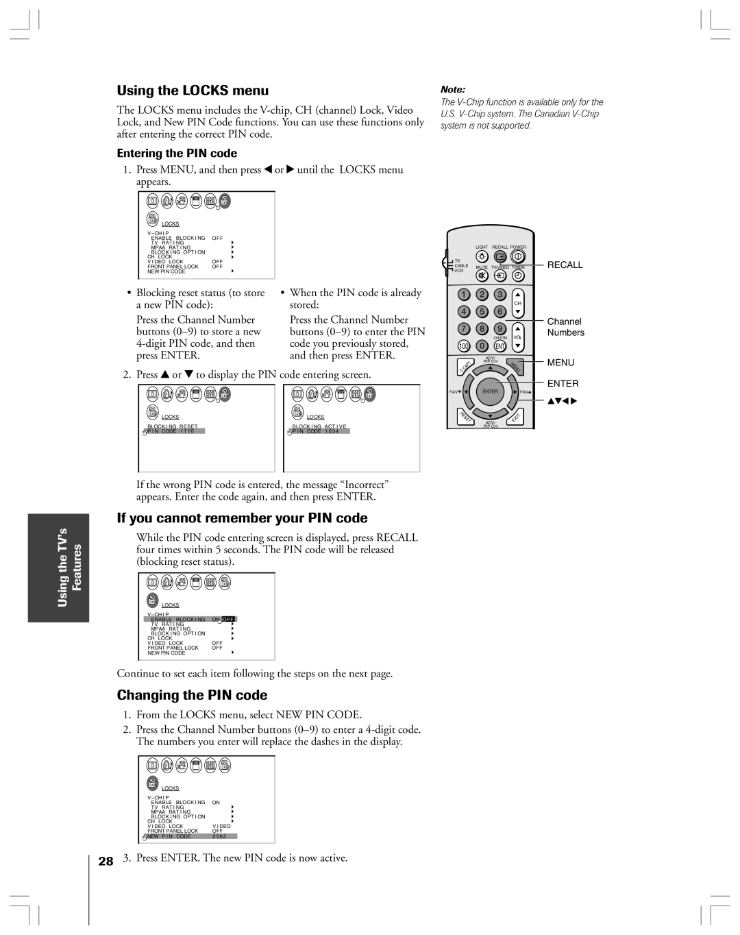 Toshiba 43A61 Using the Locks menu, If you cannot remember your PIN code, Changing the PIN code, Entering the PIN code 