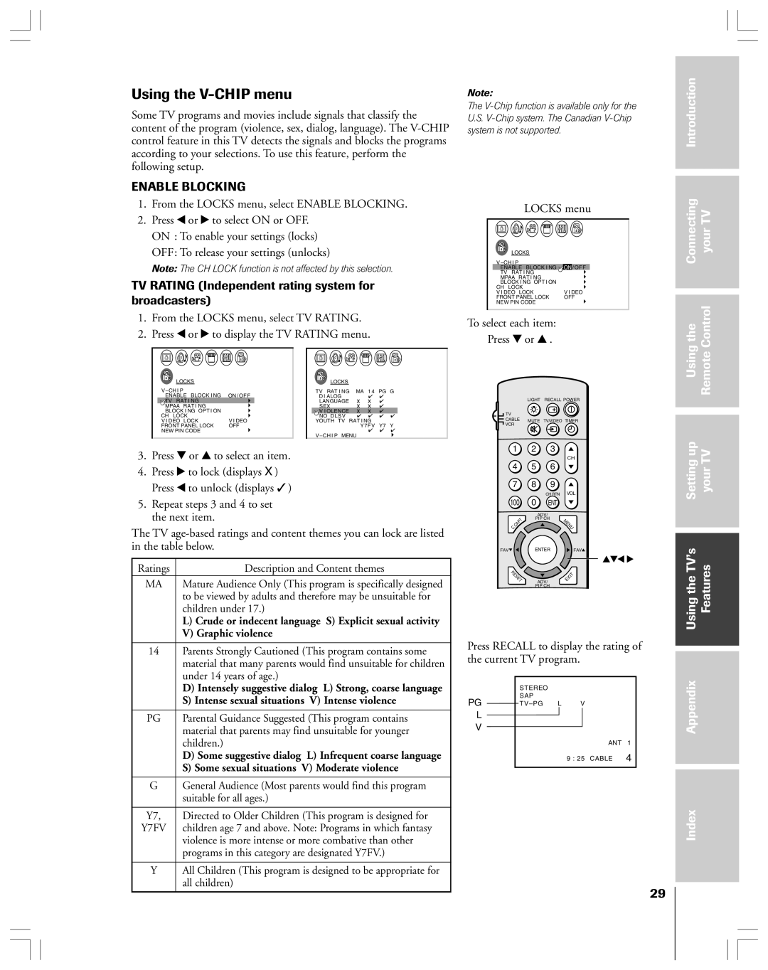 Toshiba 43A61 owner manual Using the V-CHIP menu, TV Rating Independent rating system for broadcasters 