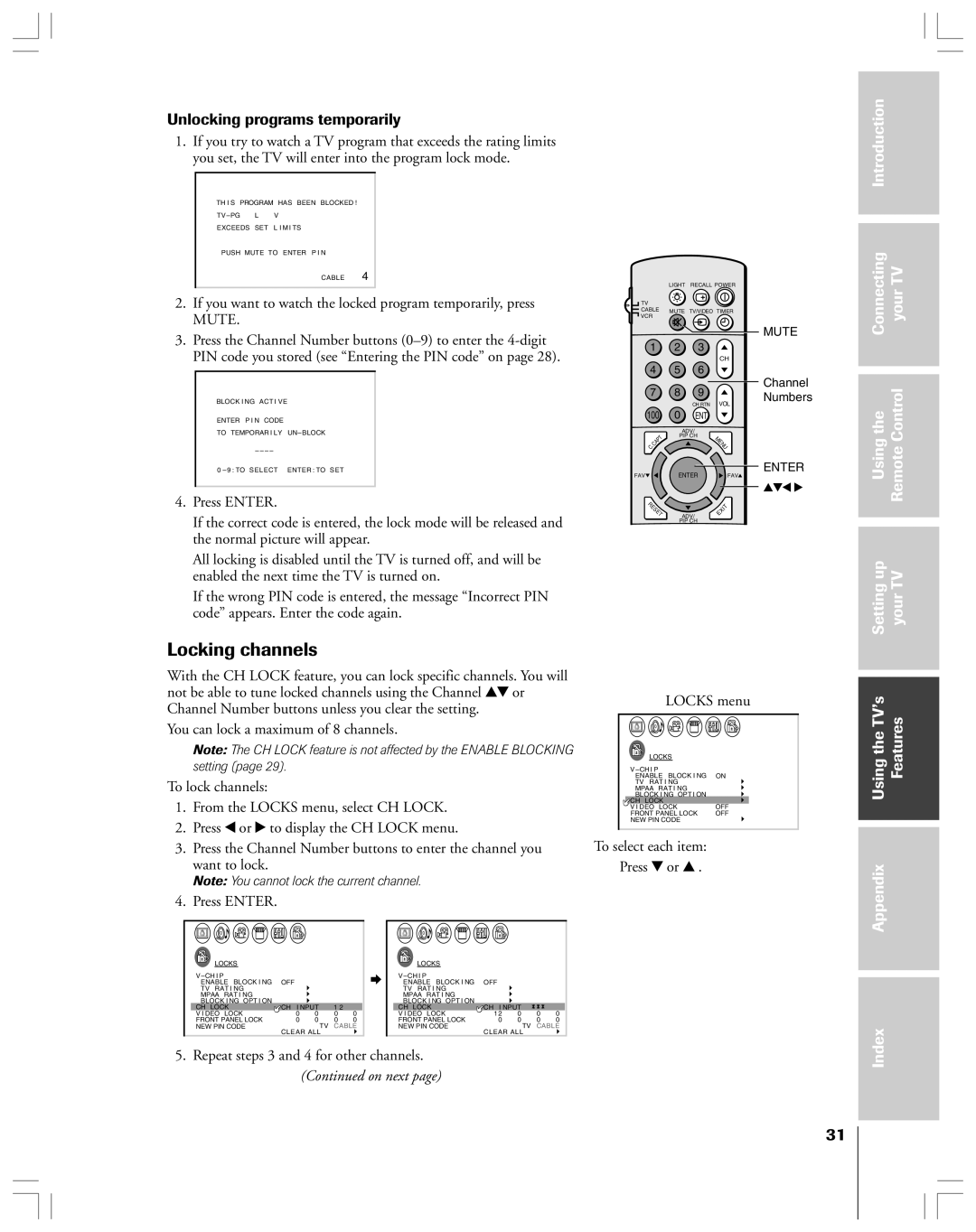 Toshiba 43A61 owner manual Locking channels, Unlocking programs temporarily 