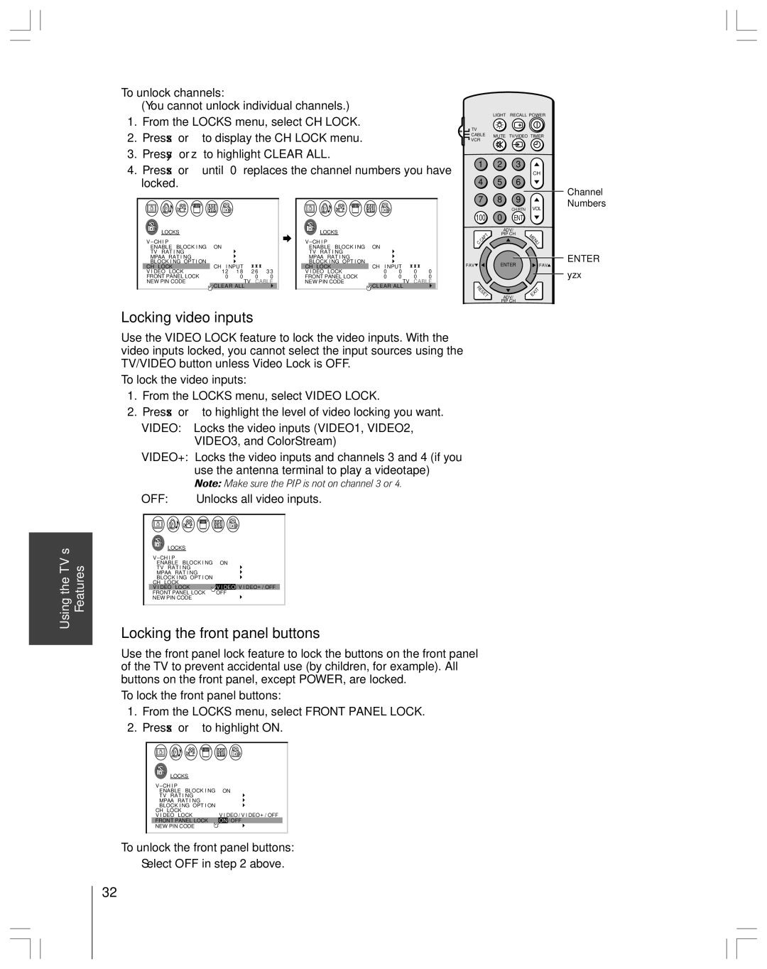 Toshiba 43A61 Locking video inputs, Locking the front panel buttons, To unlock the front panel buttons Select OFF in above 