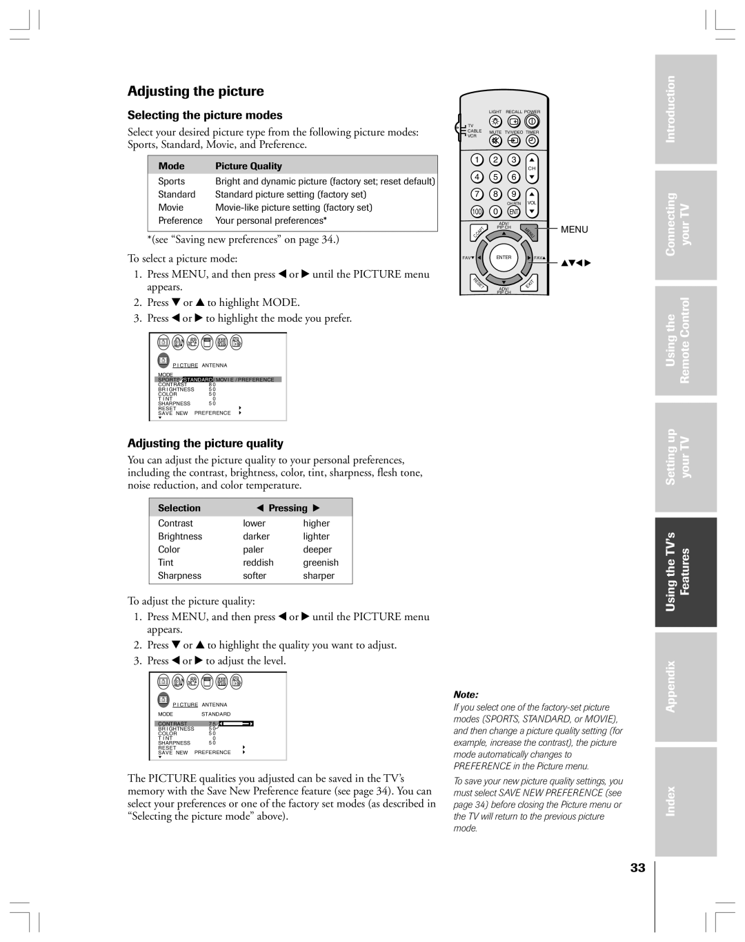 Toshiba 43A61 owner manual Selecting the picture modes, Adjusting the picture quality, To adjust the picture quality 