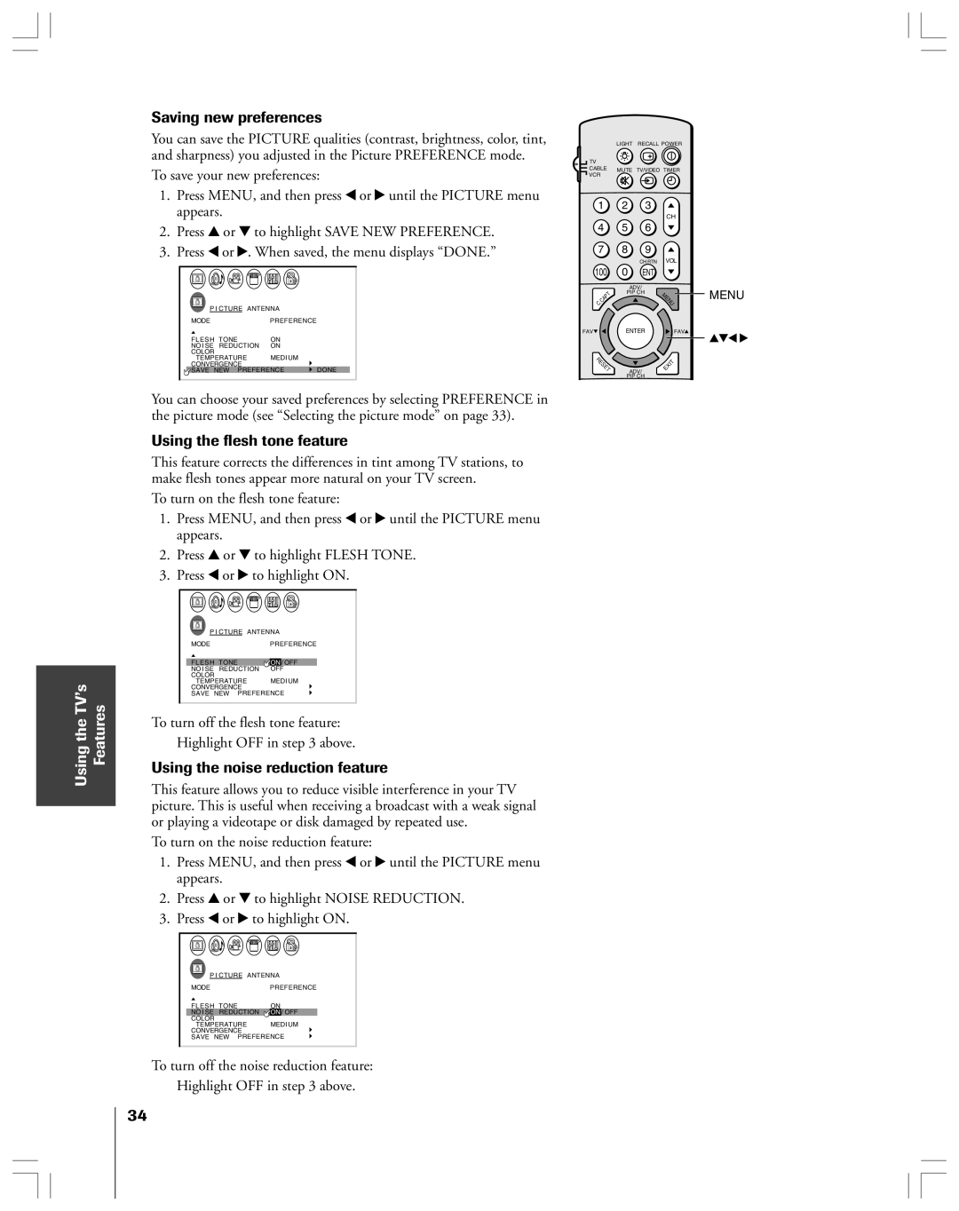 Toshiba 43A61 owner manual Saving new preferences, Using the flesh tone feature, Using the noise reduction feature 