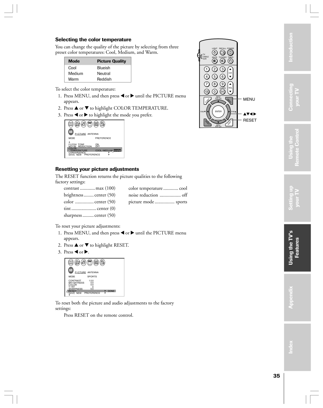 Toshiba 43A61 owner manual Selecting the color temperature, Resetting your picture adjustments 