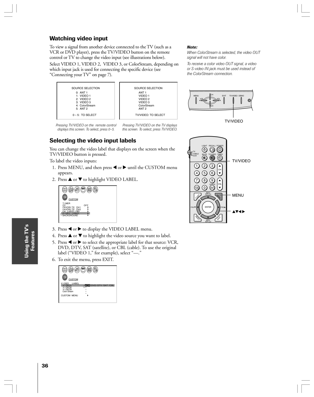 Toshiba 43A61 owner manual Watching video input, Selecting the video input labels 