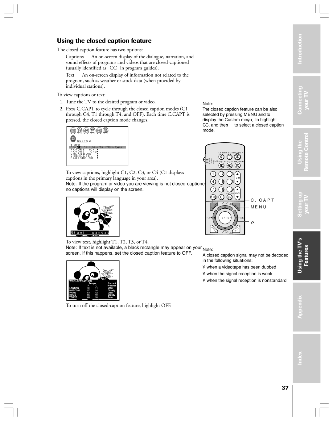 Toshiba 43A61 owner manual Using the closed caption feature, Closed caption feature has two options 