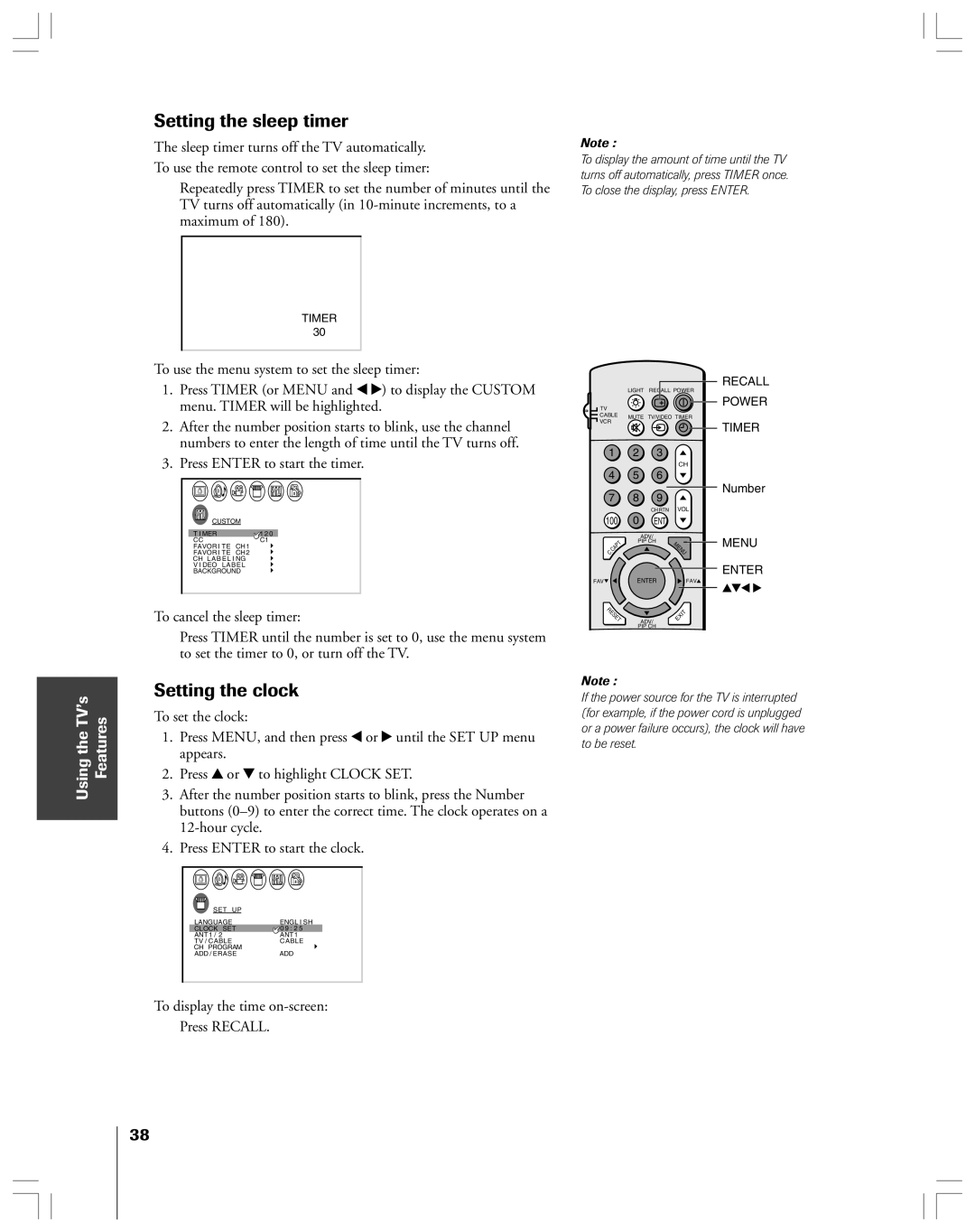 Toshiba 43A61 owner manual Setting the sleep timer, Setting the clock, Press Enter to start the timer 