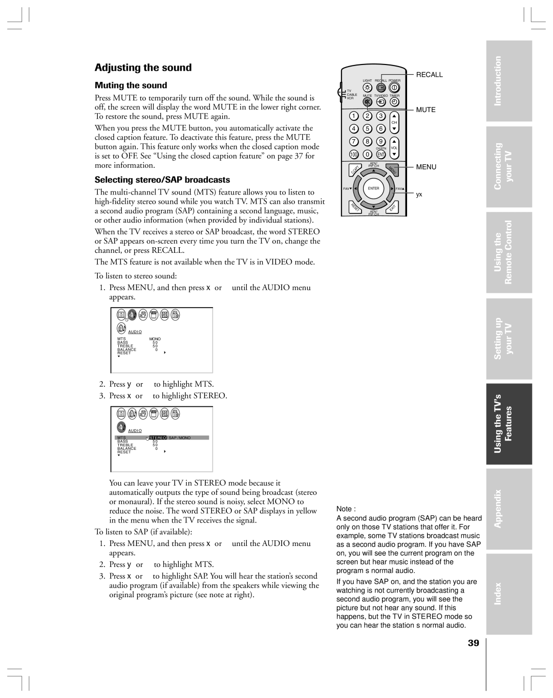 Toshiba 43A61 owner manual Adjusting the sound, Muting the sound, Selecting stereo/SAP broadcasts 