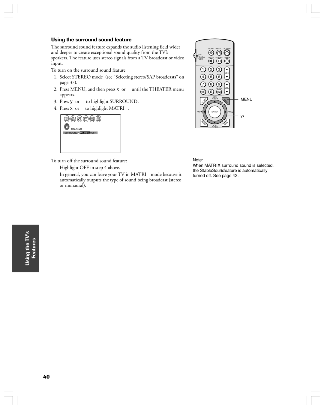 Toshiba 43A61 owner manual Using the surround sound feature 