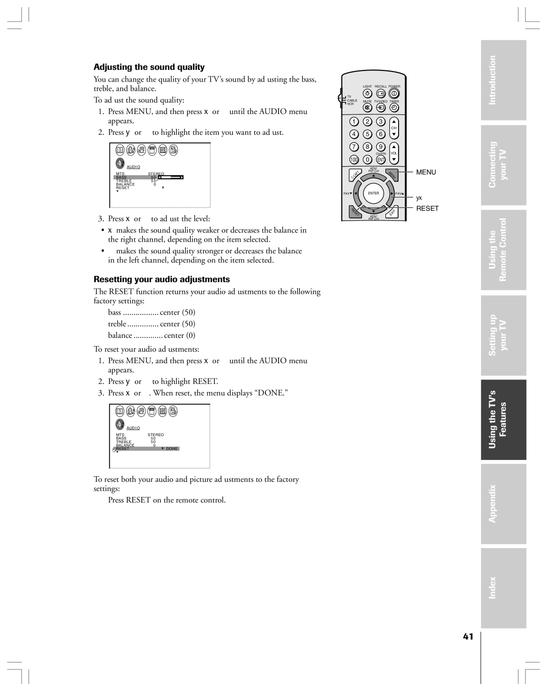 Toshiba 43A61 owner manual Adjusting the sound quality, Resetting your audio adjustments 