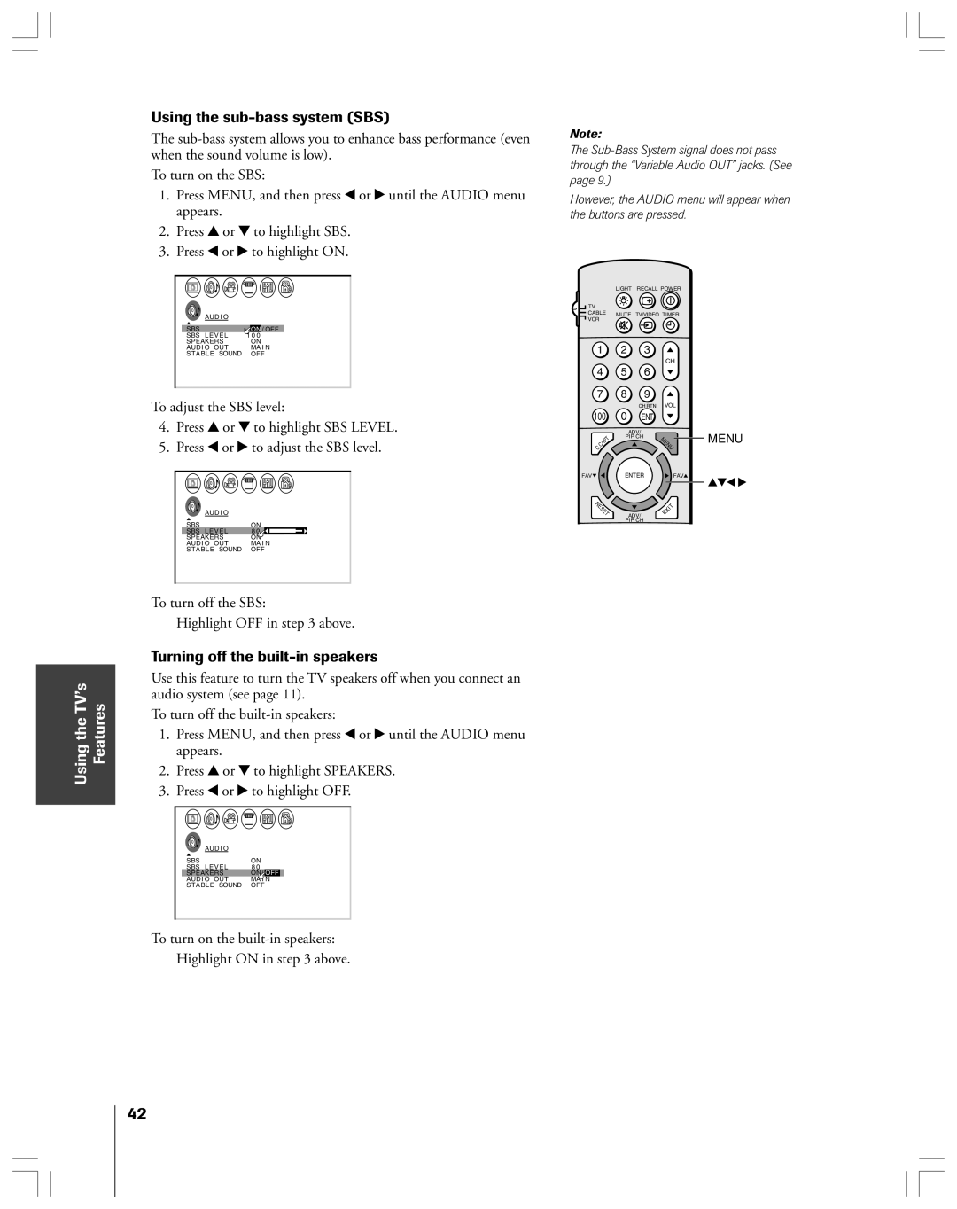 Toshiba 43A61 Using the sub-bass system SBS, Turning off the built-in speakers, To turn off the SBS Highlight OFF in above 