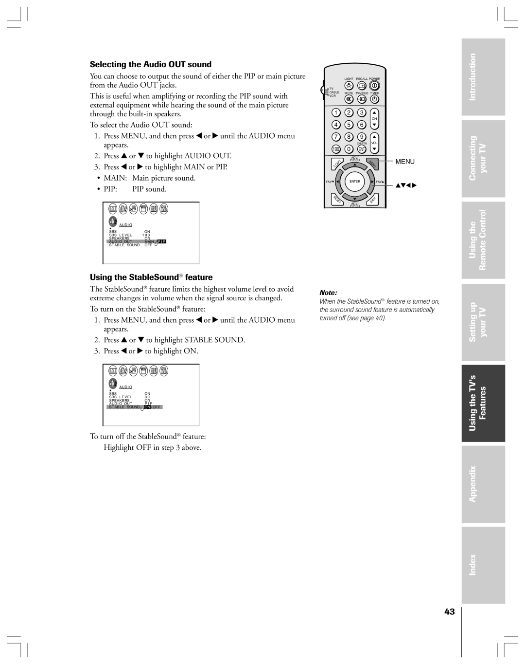 Toshiba 43A61 owner manual Selecting the Audio OUT sound, Using the StableSound feature 